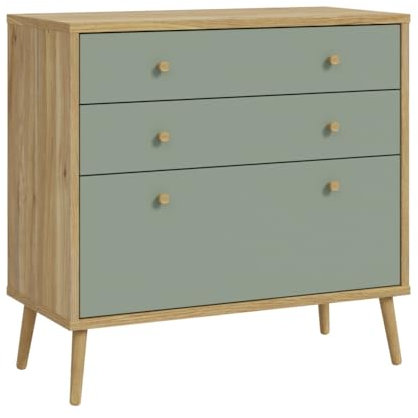 FORTE WHENUA Mid-Century 90 Cómoda moderna con 3 cajones, aparador, madera de roble Mauvella, decoración de madera de roble, salvia, 88,8 cm de ancho x 86,3 cm de alto x 41,5 cm de profundidad
