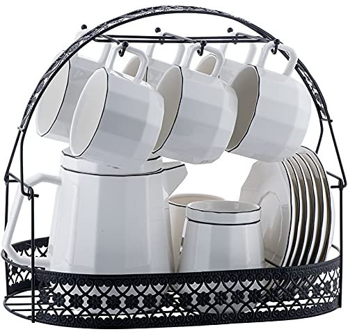 Juego de té de cerámica de 16 Piezas con Tetera, Taza de café con Leche y platillo, Juego de 6 Piezas con azucarero, lechera y portavasos de Metal