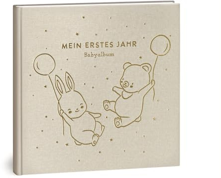 Mein erstes Jahr Babyalbum - Hochwertiges Leinenbuch mit Goldprägung für die schönsten Erinnerungen - Babybuch zum Eintragen für das erste Lebensjahr - Baby Geschenk zur Geburt (Luftballons Natur)