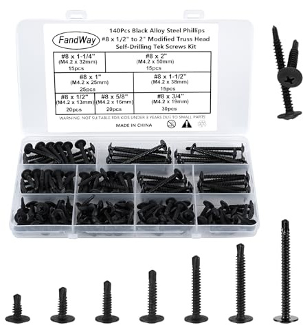 FandWay Selbstbohrende M4.2 Tellerkopfschrauben, modifizierte Halsspannkopf-Blechschrauben/Tek-Schrauben für Blech, Stahl, Aluminium, Holz, Kunststoffe (schwarzes Oxid-Finish), 140 Stück