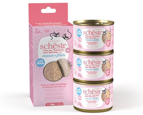 Schesir, Våtfoder komplett för kattungar Baby mousse och filéer kyckling/lax (36 burkar x 55 gram)