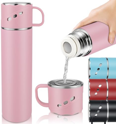 BEIJIE Travel Mug, 550ml Stainless Steel Insulated Hot Water Bottle, Vaccum Thermal Flasks for Hot and Cold Drinks 12h, Metal Water Bottles with Leakproof Cover and Handle, for Kids Men Women - Pink
