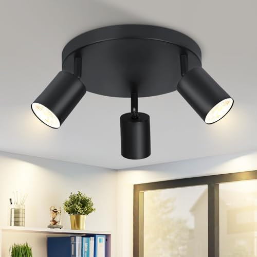 Homefire Plafonnier LED 3 Spots Orientables - Projecteur Pivotant à 350° Noir Ronde Plafonnier Spot GU10 Lampe de Couloir Spot d'intérieur Pour Salon Cuisine Chambre Sans ampoule