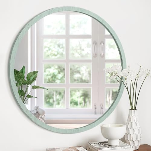 JJUUYOU Espejo Circular Redondo de 30CM Montado en Pared Vintage con Marco de Madera para Baño Sala de Estar Dormitorio Residencia Estudiantil, Verde