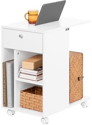 SoBuy mobiler Couchtisch mit praktischer Tablet Schiene C-förmiger Beistelltisch mit Ablagen Moderner Beistelltisch auf Rollen für Ihren Wohnbereich weiß BHT ca. 36x62x50cm FBT148-W