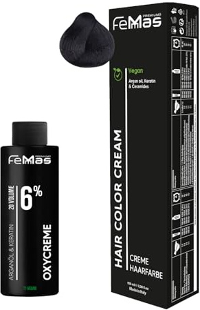 Femmas Haarfarbe Set Schwarzbraun 2 I Hair Color Cream 100ml + Oxycreme 100ml 6% I Permanente Haar-Coloration + Entwickler I Schonend & langanhaltend I Salon-Haarfarbe für Zuhause