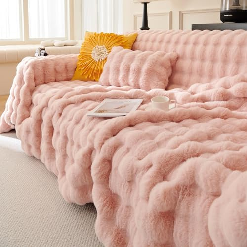 Homesally Rosado,180x150cm,Manta de Piel de Conejo Sintética de Lujo, Manta Suave y Esponjosa de Burbujas para Cama, Sofá, Decorativa, Gruesa, Cálida, Afelpada