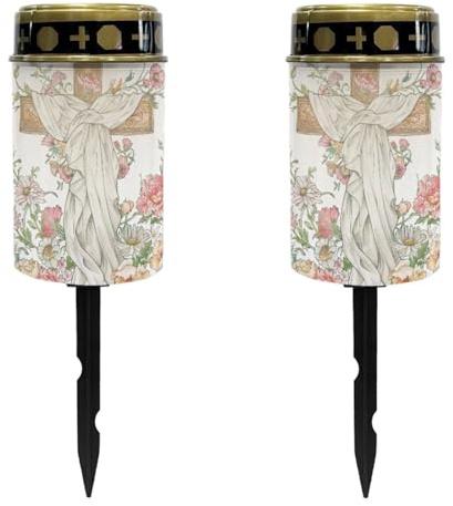 Luarisgur Floral Cross Cemetery Solar Lights for Grave Flameless Solar Cross Light for Graveside Waterproof Gravesite Decorations Set of 2 Cemetery Lanterns for Grave