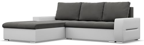 Mebligo - Ecksofa mit Schlaffunktion und Bettkasten Aurora, Eckcouch mit Ottomane Links, Sofa L Form (BxTxH) 243 x 200 x 92 cm, Couch Wohnzimmer, Ecke Sofa, Dunkelgrau + Weiß (Samt und Kunstleder)