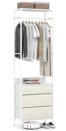 COSTWAY Clothes Rail, Freestanding Metal Garment Rack Clothes Stand with 3-Level Hanging Rail, 3 Fabric Drawers and Storage Shelf, Open Wardrobe Coat Organiser for Bedroom Closet Hallway (White)