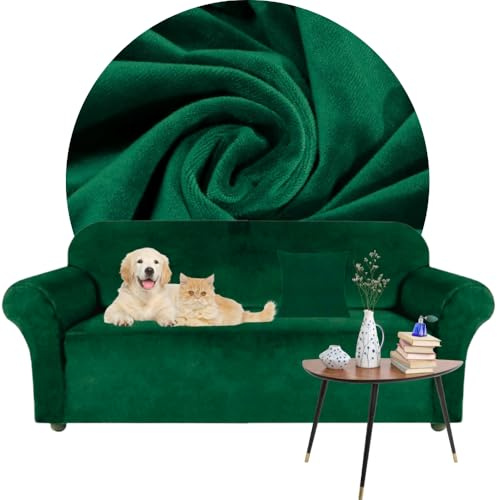 Domidekor - Sofa Überzug Grün - Couch und Sofabezug 2 Sitzer - Sofaüberwurf für Wohnzimmer - Sesselbezug Stretch - Elastische Samt Couchbezug - Breite 145-185cm - Oeko-Tex 100