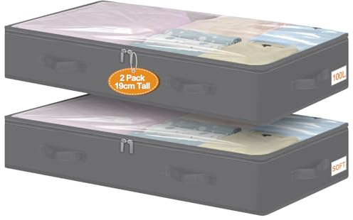 Huquter Large Underbed Storage Bag, 100L Capacity Under Bed Storage Box with Clear Window & Sturdy Zipper, Foldable Storage Boxes for Clothes, Comforters, Blankets, and Bedding,2 Pack