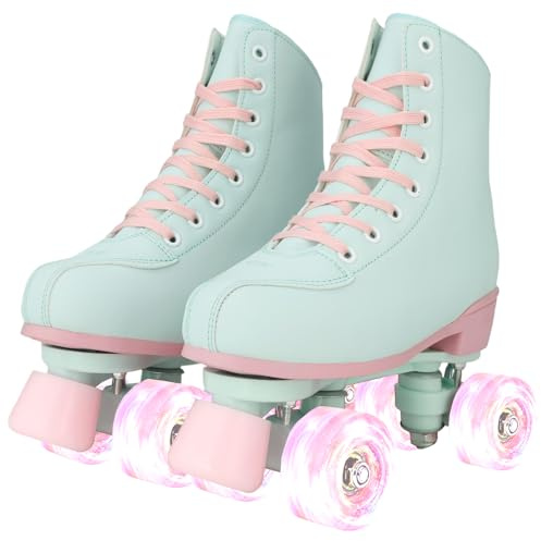 XUDREZ Roller Skates for Girls and Women, Light Green PU Leather Indoor Outdoor Roller Skates with Pink Light Up Wheels for Youth Kids Girls Ages 6-12 (33-Youth 2)
