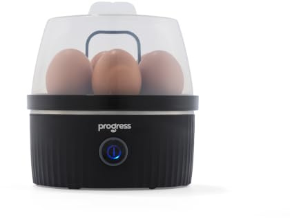 Progress Echo Egg Cooker, 7 Egg Electric Boiler, 400W | Soft/Medium/Hard Boil Settings, 2 Poached Egg Tray, Measuring Cup, Indicator Light, Removable Rack, Compact Black Finish