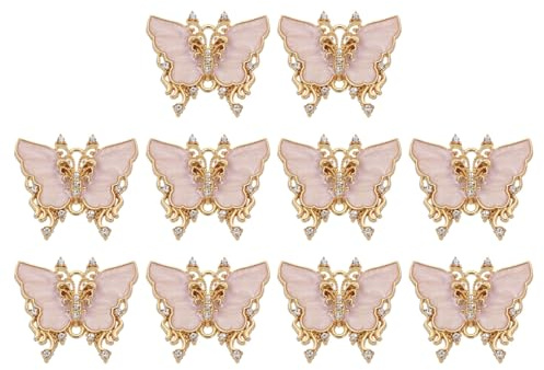 QUARKZMAN 10 Pcs Mini Colgante De Mariposa, Colgante De Mariposa De Metal Chapado En Oro Con Diamante Para Hacer Joyería DIY Pulsera Collar Para Teléfono Llavero, Lila Claro, 23x26mm