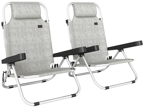 Outsunny Set di 2 Sdraio da Giardino Pieghevole e Reclinabile a 4 Posizioni, Sedia Sdraio da Esterno in Texteline con Telaio in Alluminio e Poggiatesta, Leggera per Giardino Piscina Spiaggia, Grigio