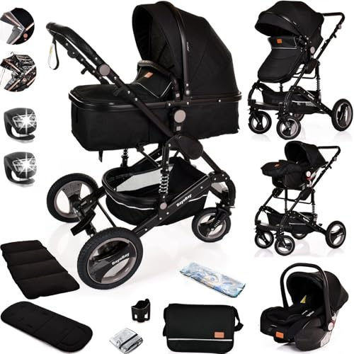 Baby Stroller 3 in 1 Pram Pushchair Buggy Child Lightweight Folding Stroller 3 in 1 Travel System Pram for Newborns Toddlers from Birth Aluminium (Black - Black Frame)