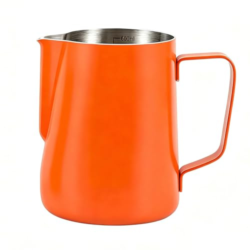 Milk Frothering Jug for Coffee Machine - 600ml/20oz 304 Stainless Steel Milk Frothing Pitchers with Measuring Scale, Barista Style for Cappuccino Latte and Espresso, Orange