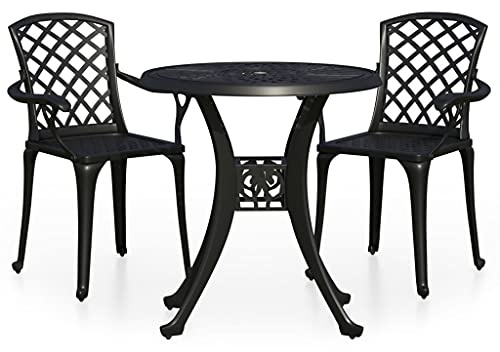 Foknhdi 3-TLG. Bistro-Set Schwarz Alu-Guss 61×60×93 cm mit Sonnenschirmloch, Tisch + 2 Stühle, Balkon & Terrasse