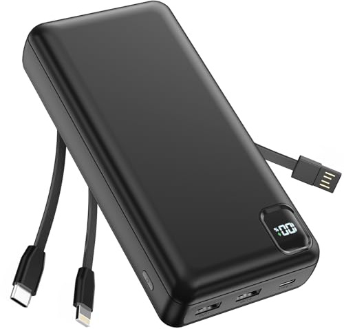 ricarica rapida della Banca di potere 50000mAh, caricatore portatile di PD | Cavi integrati, 5 uscite e 2 ingressi batteria, caricatore portatile per telefono con display LCD per iPhone 16/15/14/13 Pro