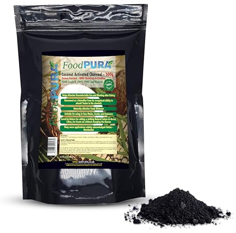 FoodPURA 500g Coconut Activated Charcoal Powder – 100% Pure Food Grade Coconut Charcoal – Ultra Fine Steam Activated Powder for Teeth Whitening, Face Masks, Detox, Smoothies & Beauty Use – Vegan