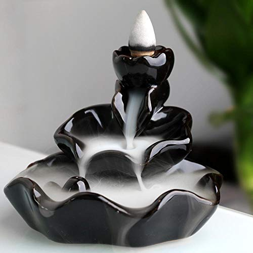 YYW Wasserfall Räucherstäbchenhalter Keramik Lotus Rückfluss Räuchergefäß | Mit 10 Kegeln, kleine Größe, Moderner, Asien Stil, Ideal für Schöne Dekoration für Zuhause, Meditation oder Yoga, Schwarz