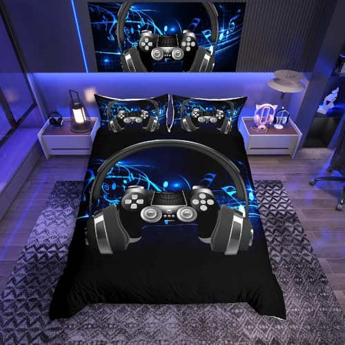 Loussiesd Set di biancheria da letto per cuffie e gamepad Note Melody Musica Copripiumino Gamepad Copripiumino, 135x200cm Collezione Camera da letto, 2 pezzi