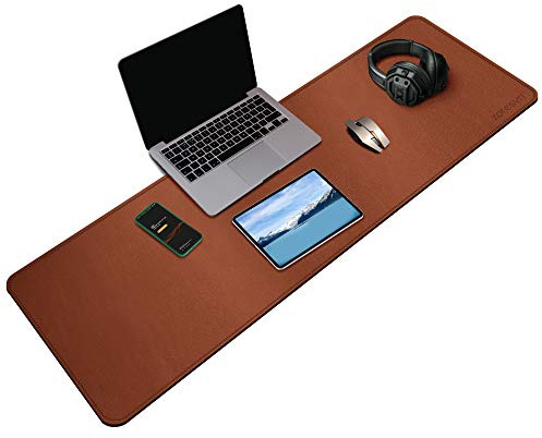ZORESYN PU Leder Schreibtischunterlage 140x40cm Braun | Extra Lange Büromatte aus PU-Leder wasserdicht, rutschhemmend für Homeoffice & Laptops mit Nahtschutz