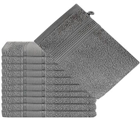 Komfortec 10er Waschlappen Set, 10x Waschhandschuhe, 100% Weiche Baumwolle, Frottee, Schnelltrocknend, 16x21 cm, Anthrazit Grau