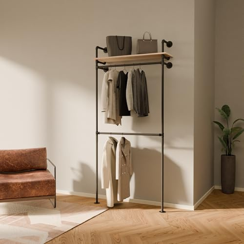 pamo Offener Kleiderschrank Wandmontage – 200 kg Traglast | 105 x 222 cm | Industrial, Begehbarer Kleiderschrank System mit Eichenholz-Regal, Wandsystem aus Wasserrohren Metall schwarz