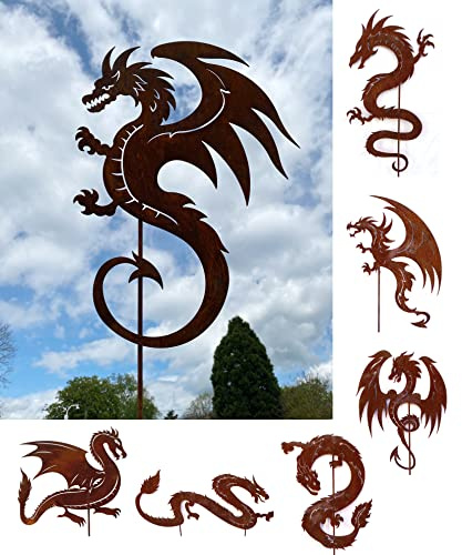 Ehrfürchtiger Drache 60x44cm + Stab Gartenstecker Edelrost Drachen Figur