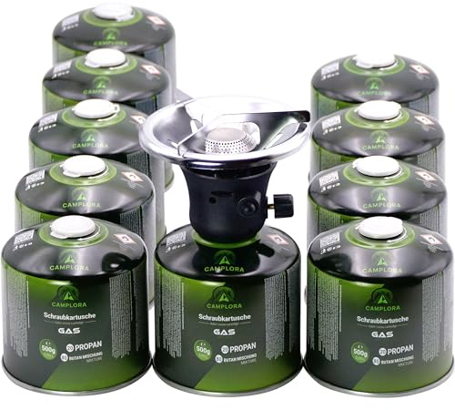 CAMPLORA Gasspis med 10 gaspatroner och piezotändning för skruvpatron camping eller backpacking, liten campingkök mini, 1 lampa