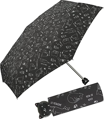 Grazioso ombrello da donna con gatti e impugnatura con testa di gatto, colore: nero/bianco, 90 cm