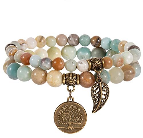 Farfume Chakra armband för kvinnor lycka ädelsten armband chakra armband äkta stenar ädelstenar helande stenar(Amazonite pärlor och livets träd)