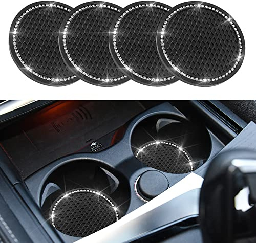 cobee 4 Stück 7 cm Bling Auto Untersetzer, rutschfest, Silikon, beliebt, Auto Getränkehalter, Kristall Strass, Auto Untersetzer, Innenausstattung (schwarz)