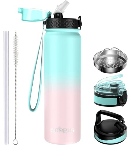 GOPPUS 1L/32oz Thermosflasche mit Strohhalm Doppelschicht Edelstahl Trinkflasche 1 Liter Isolierflasche Auslaufsicher Sport Wasserflasche Kohlensäure Water Bottle Trinkflaschen BPA-frei Wasser Flasche