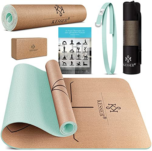 KESSER® Yogamatte Kork Inkl. Tragegurt Tasche & Yoga-Block Gymnastikmatte Matte rutschfest aus Naturkautschuk TPE Fitnessmatte, 183 x 62 Trainingsmatte für Fitness Sportmatte, Gymnastik extradick