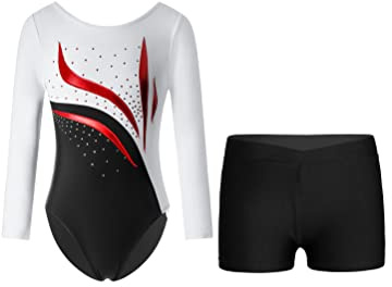 YOOJIA Mädchen Turnanzug Turnshorts Haarband Set Kinder Gymnastik Langarm Gymnastikanzug Tanzen Kleidung 5-14 Jahre