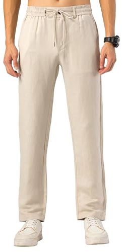 TONY BACKER Lätta herrlinnebyxor med fickor sommar yoga fritidsbyxor med dragsko elastisk midja F7221, Khaki, 44W
