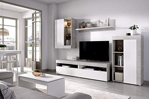 DEKIT Grupo RIMOBEL Tokio - Pack Salón Comedor Completo con Composición TV con LED, Mesa de Centro y Mesa Extensible - Cemento y Blanco