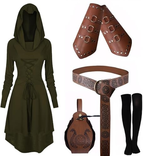 CNVAUIE Conjunto de vestido medieval con capucha para mujer, conjunto de disfraz renacentista con protectores de brazos, cinturón, cinturón, medias y accesorios