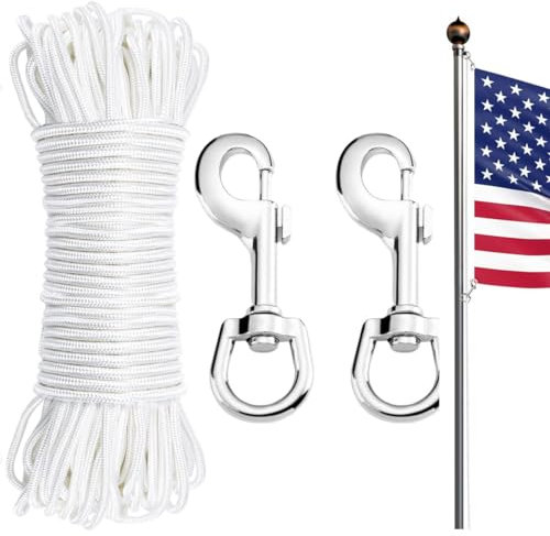 HAISENGO 30,5 m Fahnenmast-Seil-Set, doppelt geflochtenes Nylon, 1,6 cm dick, mit 2 drehbaren Karabinerhaken, für Fahnenmasten bis zu 15 m, Outdoor, Camping, Zelt