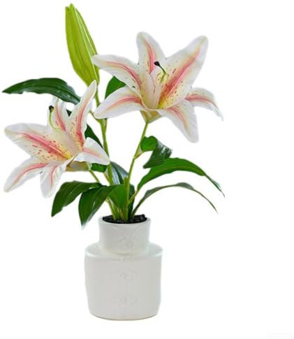 ZYWUOY Künstliche Blumen im Topf, 42 cm lang, künstliche Lilien, 2 Blütenköpfe, künstliche Lilien für Hochzeit, Zuhause, Büro, Tischdekoration (Aprikose)