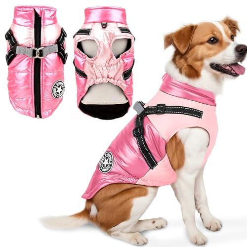 Voarge wasserdichte Winterjacke mit Geschirr und Ring, Wasserdichter Hundemantel für kleine Hunde, Mantel Winterjacke Hund Warm, Gepolsterter Mantel (Rosa, M)