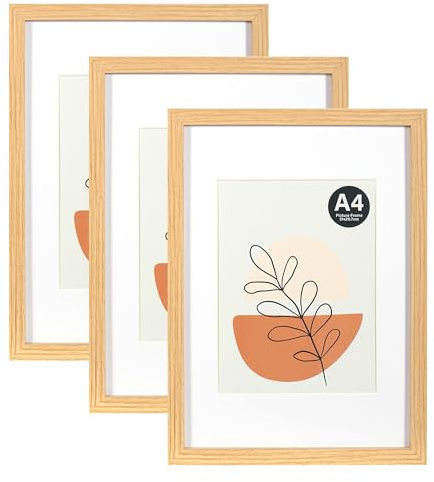 KAIWIN Bilderrahmen A4 Eiche 3er Set, 21x29.7cm mit Passepartout 15x20cm, Bilderrahmen Din A4 Holz mit Acrylglas zum Aufhängen und Aufstellen | für Fotos, Poster, Puzzles, Posterrahmen