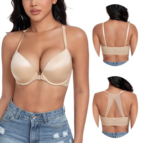DotVol Women's Plunge Underwire Front Closure Push Up Bra Convertible Bohemian Back Everyday Bra
