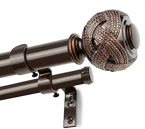 1 Inch Double Curtain Rods 66 to 120 Inches (5.5-10ft), USFOOK Bronze Heavy Duty Drapery Rods for Windows 69 to 111 Inches, Telescoping Dual Curtain Rod with Woven Leaf Finials