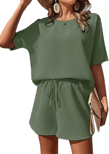 NLAND Conjunto Chándal de 2 piezas Verano para Mujer Redondo Camiseta Pantalones Cortos Mujer Completo Casual Ropa Casa,Verde XL