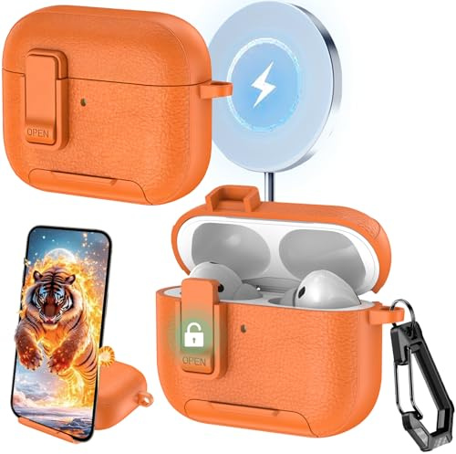 Ysnzaq Kompatibel med AirPods Pro 2 Gen fodral med låsklämma och stativfunktion, lädertextur stöttåligt skyddande fodral med karbinhake nyckelring för AirPod Pro 2 PWZ-orange