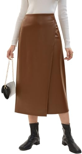 Haianguoji Women's Faux Leather Midi Skirt High Waist Slit for Daily Casual Outdoor Office Work(Camel, M)
